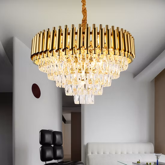Lámpara de araña de decoración dorada con luz ámbar moderna de lujo Fabricantes de luces colgantes LED Lámparas de techo de cristal Fábrica